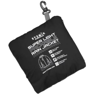 A packable rain jacket in black, folded into a compact pouch with a clip, featuring a logo.