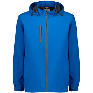 A blue unisex packable rain jacket with a zip front, hood, and a contrasting interior. Features a logo.