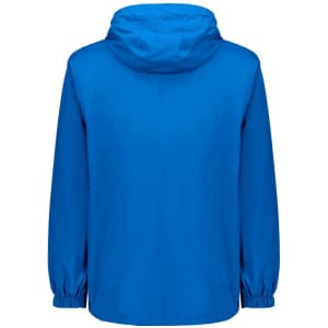 A blue unisex super light packable rain jacket with a hood and elastic cuffs, featuring a logo.