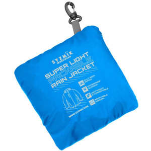 A blue packable rain jacket compressed into a small pouch with a hook for easy attachment. It features a logo.