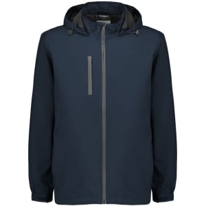A navy unisex super light packable rain jacket with a hood and adjustable features, featuring a logo.