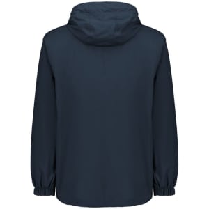 A unisex super light packable rain jacket in dark blue with an adjustable hood and elastic cuffs. It features a logo.