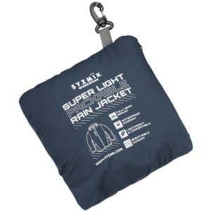 A navy packable rain jacket, folded into a small pouch with a clip, featuring a logo and product details.
