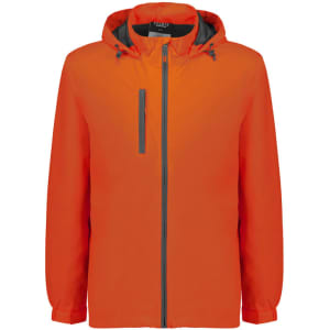 A bright orange unisex rain jacket with a hood and a front zip closure. It features a logo on the chest.
