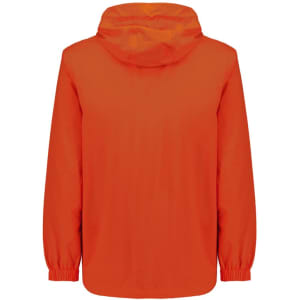 An unisex super light packable rain jacket in vibrant orange, featuring a hood and elasticised cuffs.
