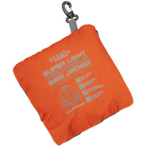 An orange, packable rain jacket folded neatly into a square shape with a clip. Features branding on the surface.