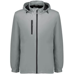 A light grey unisex packable rain jacket with a hood and front zipper, featuring a logo.