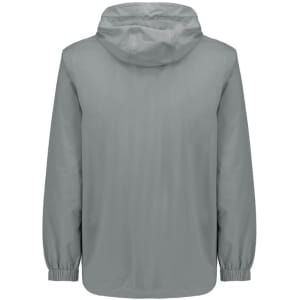 A light grey unisex packable rain jacket with a hood and elastic cuffs, featuring a logo on the back.