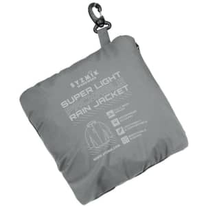 A packable rain jacket in grey, featuring a logo and compactly folded design with a clip for easy carrying.