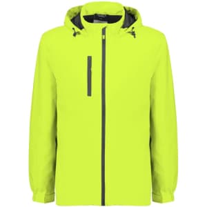 A bright yellow unisex packable rain jacket with a hood and a front zipper, featuring a logo on the chest.