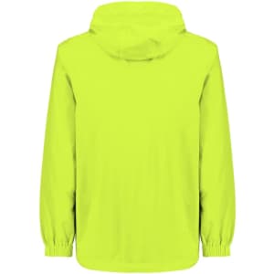 A bright yellow unisex packable rain jacket with a hood, featuring elastic cuffs and a clean design.