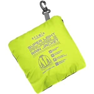 A bright yellow packable rain jacket compactly folded with a clip for easy attachment and a logo.