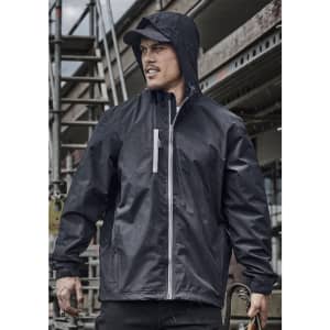 A unisex super light packable rain jacket in black, featuring a hood and zippered pocket, against a construction backdrop.