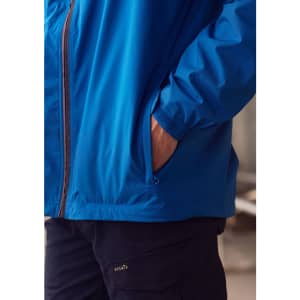 A blue unisex super light packable rain jacket with pockets, featuring a logo on the side.