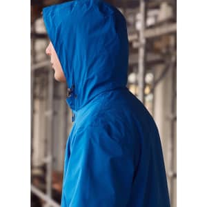 A blue unisex super light packable rain jacket with a hood, featuring a logo, displayed on a model from the side.