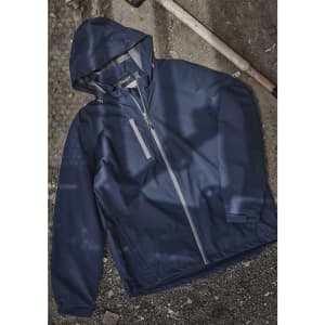A navy unisex super light packable rain jacket with a hood, featuring a zip front and a logo.