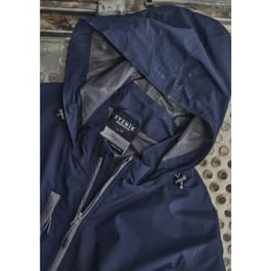 A navy unisex packable rain jacket featuring a hood, mesh lining, and a label. It includes a branding logo.