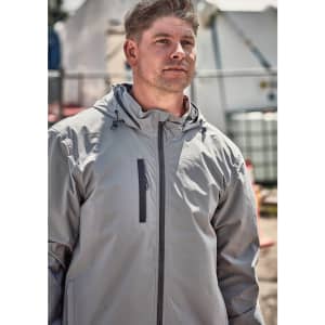 A light grey unisex packable rain jacket features a front pocket and a hooded design. The model is wearing it outdoors.