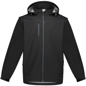 A black unisex softshell jacket with a hood, featuring zip pockets and a logo on the front.
