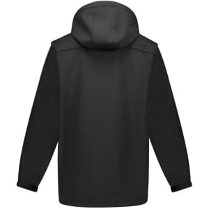 A black unisex softshell jacket with a hood, featuring long sleeves and a sleek design. It has a logo on the back.
