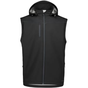 A black unisex softshell jacket with a hood and zippered pockets, featuring a branding logo.