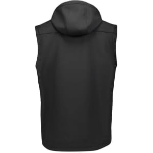 A unisex black softshell jacket with a hood and no sleeves, featuring a logo.