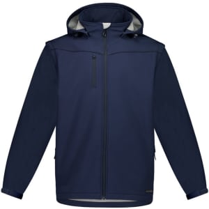 A navy unisex softshell jacket with a hood, featuring a zippered front pocket and a logo.