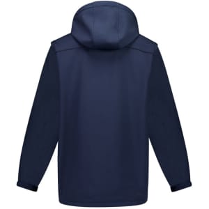 A navy blue unisex softshell jacket with a hood and long sleeves, featuring a branding logo.