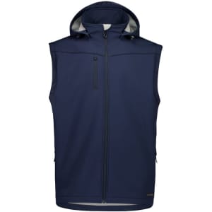 A navy unisex softshell jacket with a hood and zippered front, featuring side pockets and a branded logo.