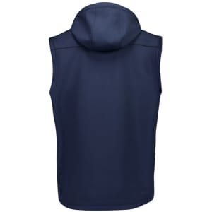 A navy unisex softshell jacket with a hood and no sleeves, featuring a logo on the back.