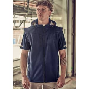 A navy unisex softshell jacket with a hood, featuring zip closure and short sleeves. It has a visible logo.