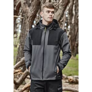 A unisex waterproof jacket in grey and black features a hood and branding. Set against a natural background with trees.