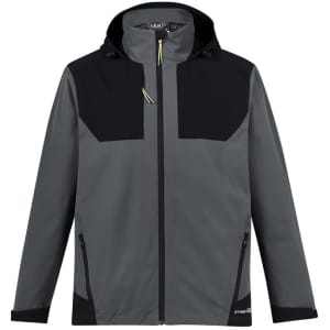 A waterproof jacket in grey with black accents, featuring a hood and zipper pockets. It has a logo on the front.