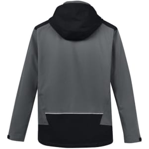 A grey and black unisex waterproof jacket with a hood, featuring a logo on the back.
