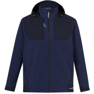 A unisex navy waterproof jacket featuring a hood, zip pockets, and a logo on the front.