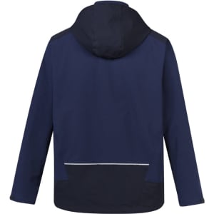 A navy blue unisex waterproof jacket featuring a hood and a back pocket, with contrasting black details.