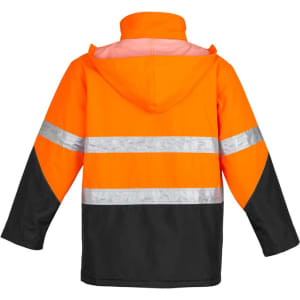 Hi-vis orange and black storm jacket with reflective strips and a hood, featuring a logo on the back.