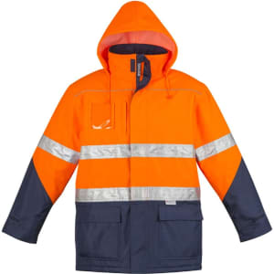 A high visibility storm jacket in orange and navy, featuring reflective stripes and a hood. Includes a logo.