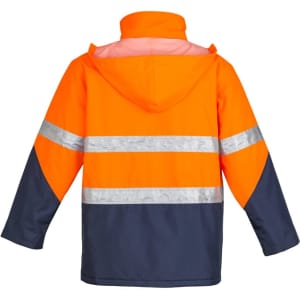 A Hi Vis storm jacket featuring bright orange fabric with reflective stripes and a navy lower section, complete with a hood.