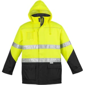 A hi-vis storm jacket in bright yellow with black accents and reflective stripes, featuring a hood and pockets.