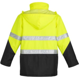 A bright yellow and black hi-vis storm jacket with reflective strips, featuring a hood and a branded logo.