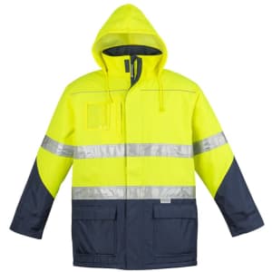A hi-vis storm jacket in fluorescent yellow and navy blue, featuring reflective stripes and a hood. It has a logo on it.