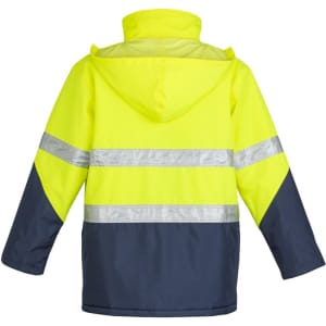 A hi-vis storm jacket featuring bright yellow and navy blue colours, with reflective stripes and a hood.