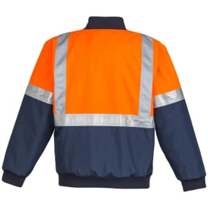 A high visibility quilted flying jacket in orange and navy blue, featuring reflective stripes and a branded logo.
