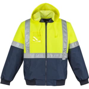 Hi-vis quilted flying jacket in fluorescent yellow and navy, featuring reflective strips and a hood. Includes branding.