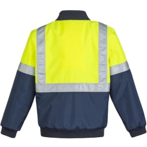 A high-visibility quilted flying jacket in yellow and navy, featuring reflective stripes, with a logo present.