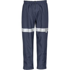 Hi-visibility navy storm pants with reflective tape, featuring an elastic waistband and a straight leg design.