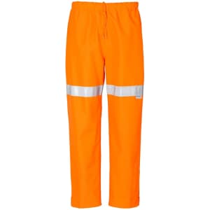 Hi-vis orange storm pants with reflective tape, featuring an elastic waistband and a sleek design, suitable for workwear.