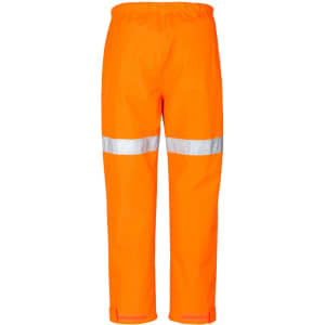 Bright orange work pants with reflective tape, featuring an elastic waistband and cuffed hems. Includes branding on the fabric.