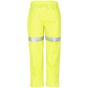 Bright yellow work pants with reflective tape, featuring an elastic waistband and a straight leg cut. Ideal for visibility.